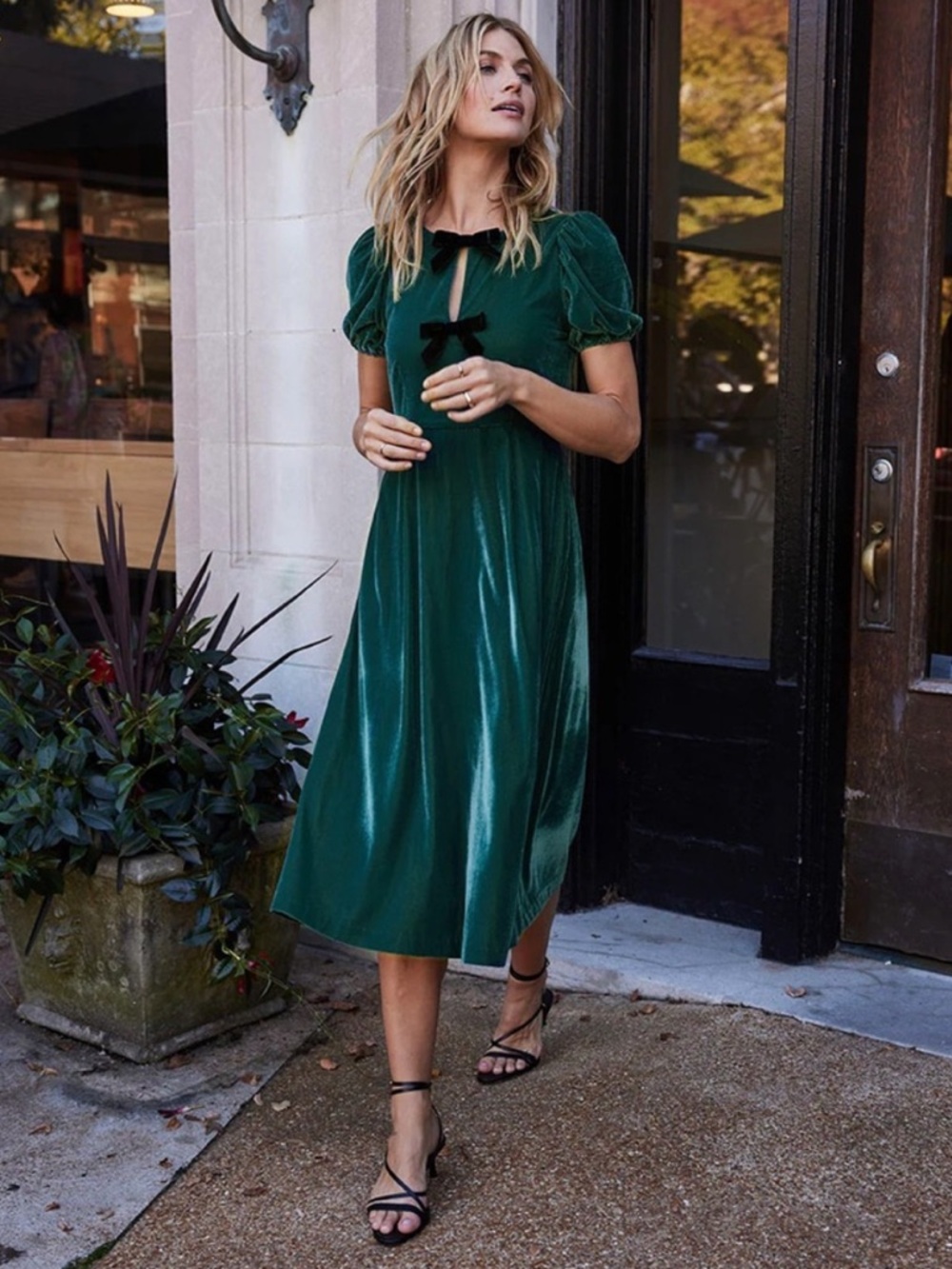 summersalt Emerald Green Velvet Midi Dress with Black Bow